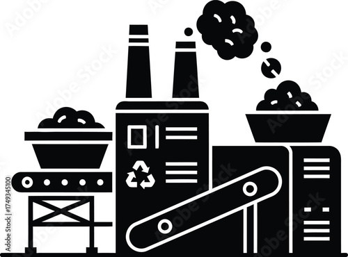 Industrial factory with smokestacks and conveyor belts processing raw materials into products