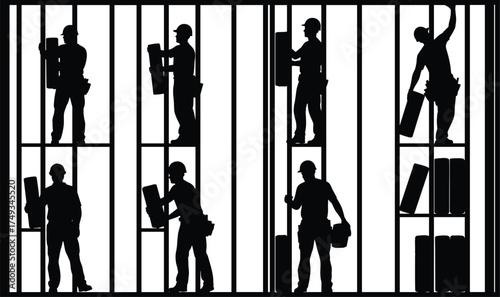 Construction worker silhouettes assembling building framework with beams, teamwork, labor coordination, safety gear, infrastructure development, vector illustration for industrial site