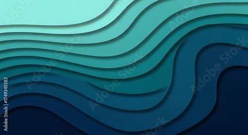 Abstract background with layered wavy shapes in shades of blue and green, creating a 3D paper cut effect