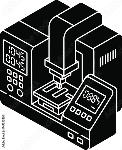Isometric black and white illustration of a sophisticated laboratory instrument with digital displays and controls