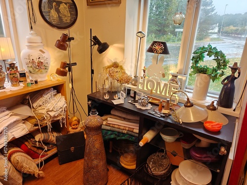 Many beautiful and vintage various items in a second-hand shop
