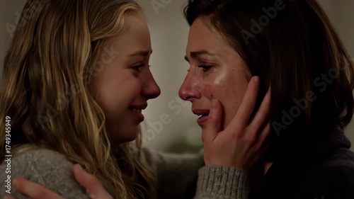 An emotional daughter cries while being comforted by her mother. A close-up of a family sharing a moment of sadness and support. Mother-daughter relationship and empathy concept