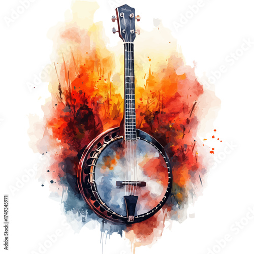 Banjo, watercolor illustration vector, isolated on a white background.