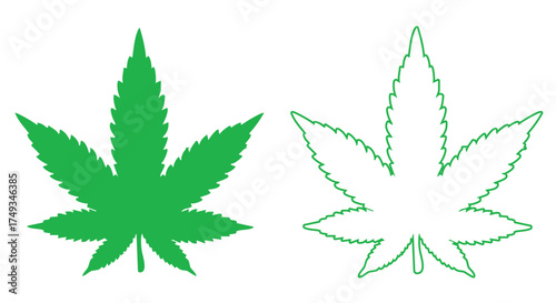 Illustration of a cannabis leaf in line art and silhouette style. The design is iconic, mimicking the characteristic shape of leaves in nature.