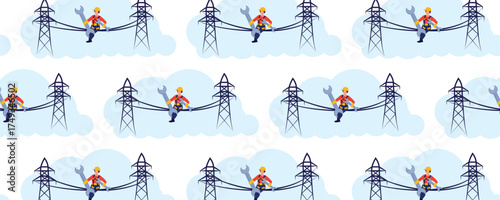 Seamless pattern with electricians and power line specialists. Energy infrastructure and utility repair concept