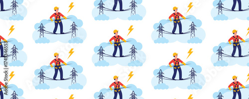 Electric utility worker seamless pattern. Cable installation and maintenance of power line supports. Energy engineering concept