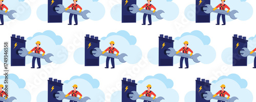 Power line worker pattern and seamless background. Utility linemen repairing electrical grids and maintaining power poles. Energy industry illustration