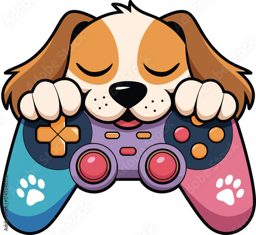 Cute cartoon dog holding a video game controller vector illustration for gaming and entertainment concepts