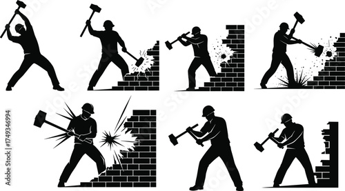 Construction workers using sledgehammers to demolish brick walls in six silhouette poses showing manual labor, impact force, and destruction.
