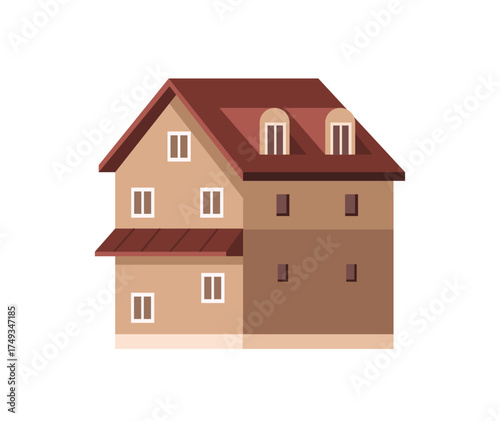 Multi storey residential building of suburb architecture. Facade of suburban house with mansard. Exterior of countryside lodge, village cottage. Flat isolated vector illustration on white background