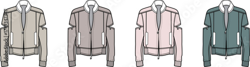 Fashion design technical sketch collection of a modern jacket with zip pockets and cold shoulder cut-outs, an apparel template for creative clothing concepts
