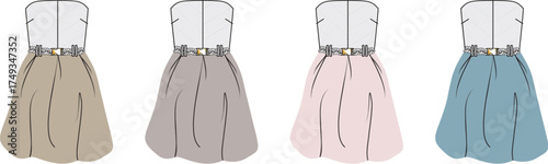 Collection of four elegant dresses in different colors, showcasing fashion design and apparel variations