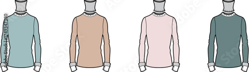 Set of four colorful turtleneck long-sleeved shirts. Flat vector illustration collection for apparel design, fashion mockups, and winter wear concepts