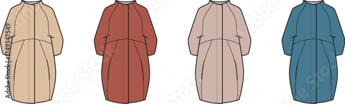 Collection of four stylized cartoon-like illustrations of long coats in different colors