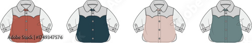Vector illustration of a children's collared jacket design, presented in four distinct color variations. Perfect for kids' fashion concepts and apparel development