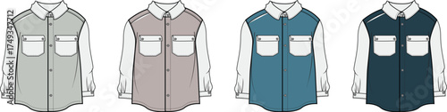 Collection of various men's long-sleeve casual shirts with classic collars and front pockets, presented as fashion design concepts for apparel development and style inspiration