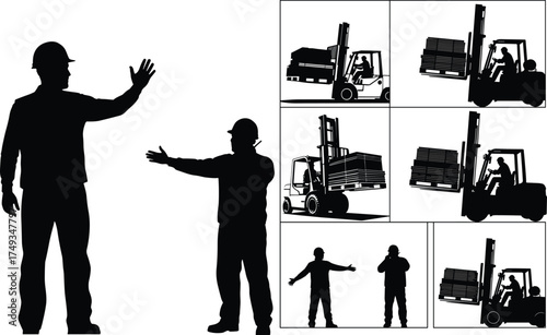 Forklift operation and worker hand signaling safety set in six vector panels showing warehouse coordination and industrial communication techniques.