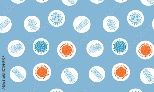 Microbiology Seamless Pattern with Bacteria and Viruses in Circles