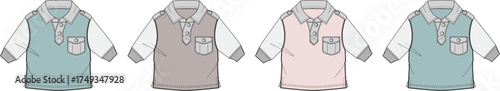 A collection of technical flat sketches for a children's long-sleeve, color-block polo shirt, presented in multiple colorways for apparel design