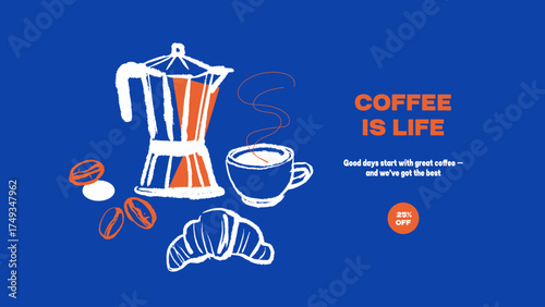 Hand drawn coffee shop poster with moka pot, cup, croissant, beans. Cozy breakfast mood and warm morning aroma.  Cafe menu, bakery branding, packaging design. Whimsical sketch vector illustration.