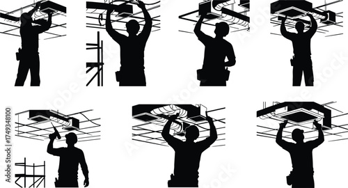 HVAC Ceiling Installation Worker Silhouettes – Ductwork Maintenance, Ventilation System, Industrial Labor, Tool Belt, Construction Grid, Airflow Equipment, Safety Gear