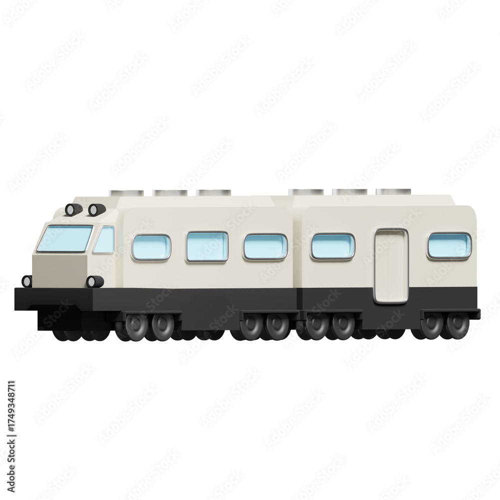 Fototapeta premium A light colored passenger train with dark grey undercarriage and blue tinted windows isolated on a black background