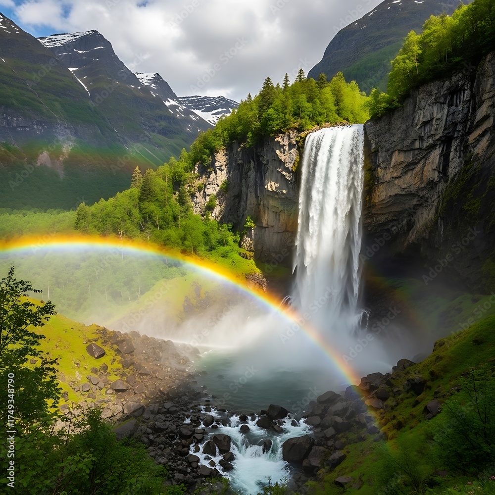 Fototapeta premium Majestic waterfall cascading beneath rainbow in verdant mountain valley