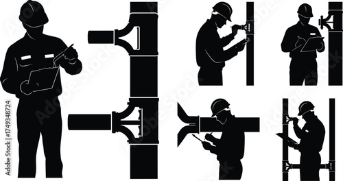 Industrial worker silhouette inspecting pipe joints and fittings with clipboard, safety gear, plumbing tools, construction site, technical maintenance illustration