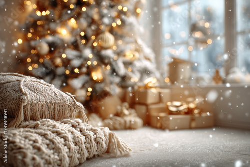 Cozy Christmas living room with chunky knitted blanket and fringe pillow, warm bokeh lights, decorated tree and wrapped gifts through snowy window