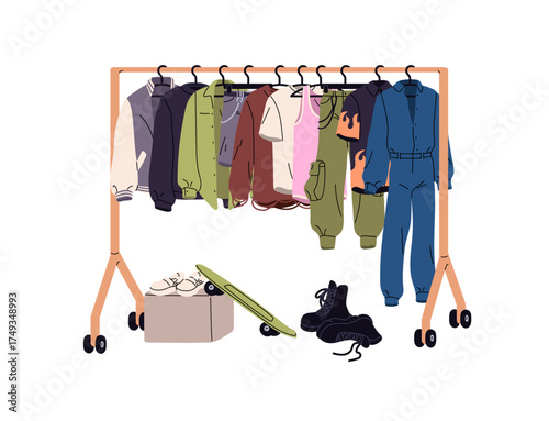 Clothes are hanging on rail stand in fashion shop. Wardrobe with wearings on hanger racks and boots. Garments, shoes in closet, dressing room. Flat isolated vector illustration on white background
