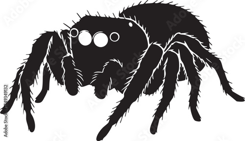 Spider Silhouette Vector Icon, Front View of a Hairy Arachnid with Big Eyes, Cute Black and White Spider Illustration