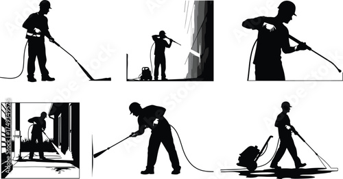 Pressure Washer Worker Silhouette Set – Surface Cleaning, Wall Washing, Equipment Handling, Outdoor Maintenance, Hose Spray, Industrial Labor, Vector Illustration