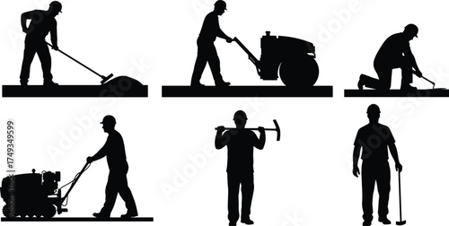 Road Construction Worker Silhouettes – Compactor Operation, Surface Smoothing, Manual Labor, Pickaxe, Sledgehammer, Roller Machine, Industrial Tools, Site Preparation
