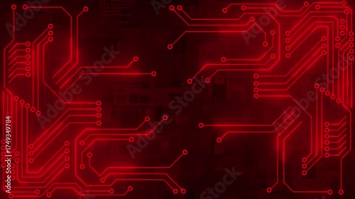 Red color abstract shapes forming cyberspace glowing circuit board design digital loop able technology background