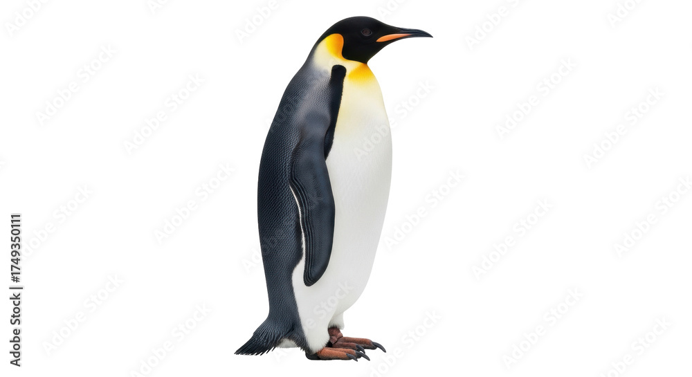 Fototapeta premium Isolated Emperor Penguin standing still with a serious expression in studio photography