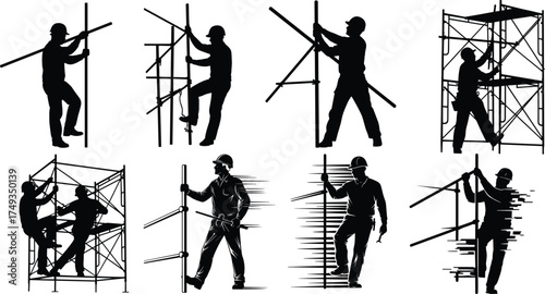 Scaffolding Worker Silhouette Set – Construction Assembly, Safety Gear, Pole Handling, Ladder Climb, Structural Support, Industrial Labor, Site Preparation