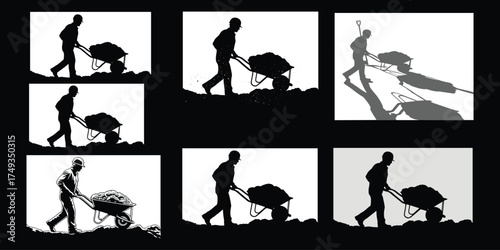 Silhouette laborer pushing wheelbarrow in six artistic styles showing manual work, motion, and construction effort in vector format.