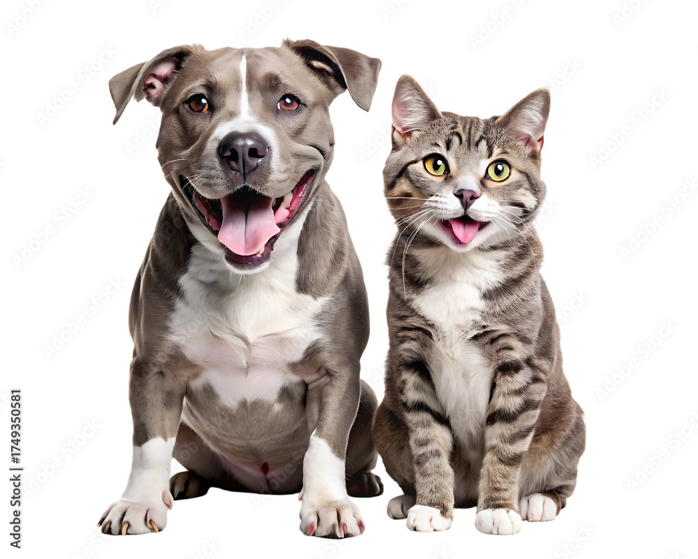 Fototapeta premium Pit bull dog and tabby cat, happy sitting together with tongues out, cutout, PNG isolated on white or transparent background