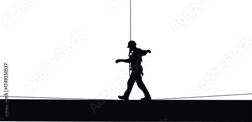 Silhouette of utility worker walking on high beam with safety harness showing balance, risk, and construction safety in vector style.