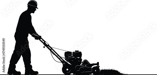 Silhouette of construction worker mowing grass with gas-powered lawnmower, safety gear, outdoor maintenance, landscaping labor, vector illustration set