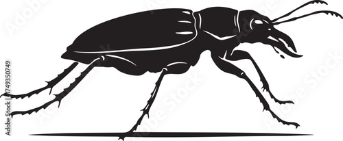 Side view black silhouette of a tiger beetle. Vector illustration of a fast predatory insect