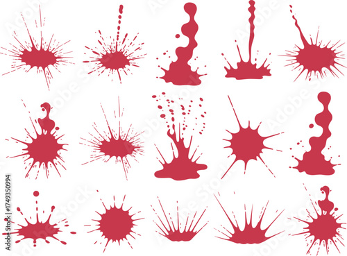 Collection of red paint splatter and dripping liquid textures, isolated abstract stains for creative art, digital design, and backgrounds