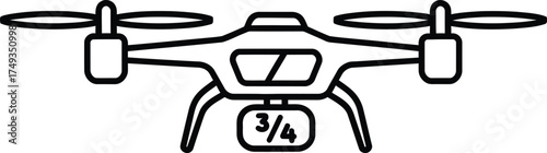 Modern quadcopter drone with camera mount featuring a three quarters symbol for aerial photography and videography