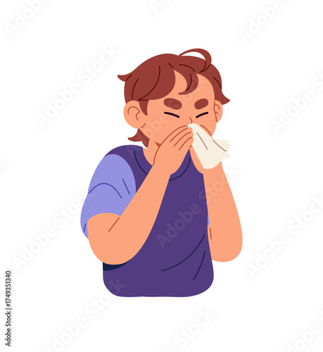 Little boy suffers from runny nose, blows into tissue. Sick child sneezes into handkerchief. Ill kid with symptom of allergic rhinitis, flu, cold, influenza. Flat isolated vector illustration on white