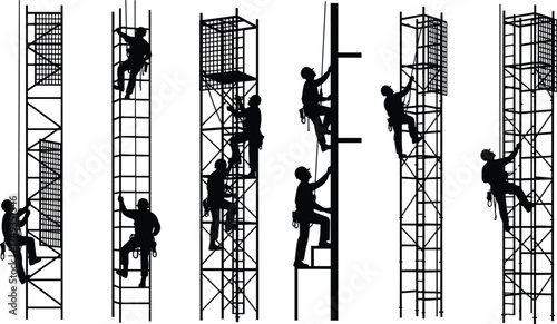 Silhouettes of construction workers climbing scaffolding with safety gear for industrial site safety, vector illustration of occupational hazard awareness design