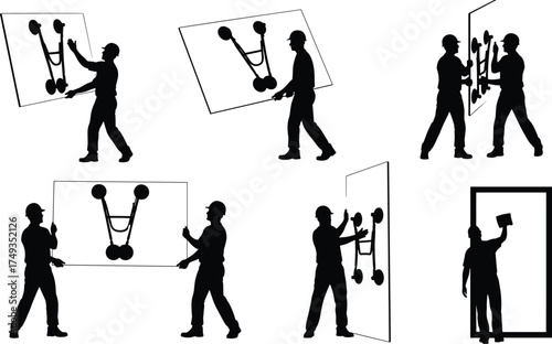 Silhouettes of construction workers installing large glass panels using suction lifters for glazing, window fitting, and architectural safety vector design