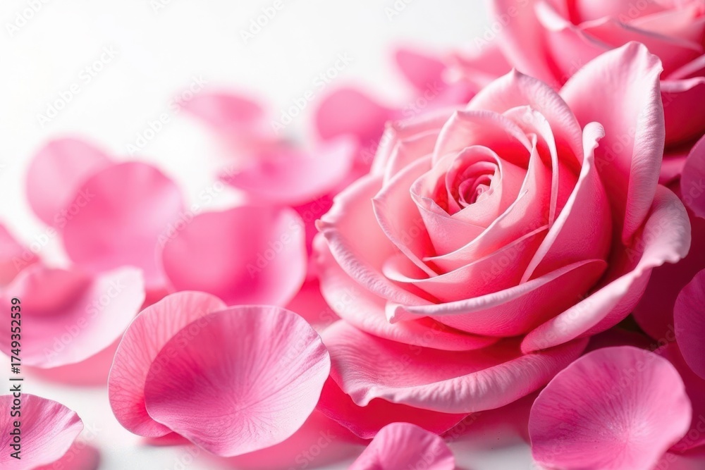 Obraz premium Swirling mass of fresh pink rose petals against a stark white backdrop , vibrant pink, graphic, image