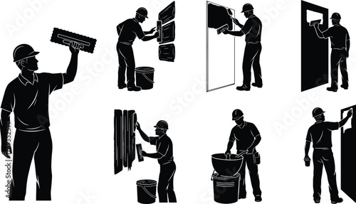 Silhouettes of construction workers performing drywall tasks with tools for plastering, painting, sanding, and mixing compound in vector design