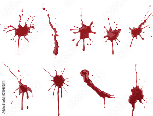 Realistic red blood splatter and dripping paint stains isolated on white background, horror design texture collection for crime scene art