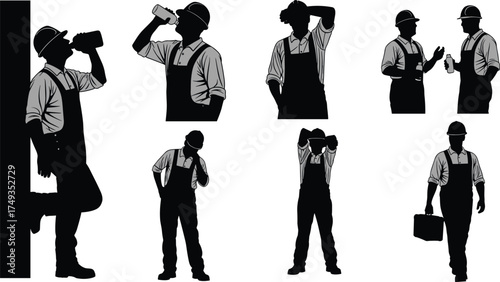 Silhouettes of construction workers taking water breaks, showing fatigue, stress, and workplace interaction in vector illustration for job site wellness design